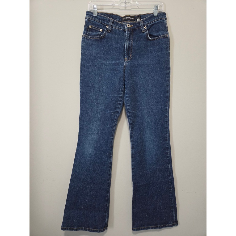 Express Jeans Vintage Low Rise Flare Dark Wash Denim 9/10L Made in USA Y2K